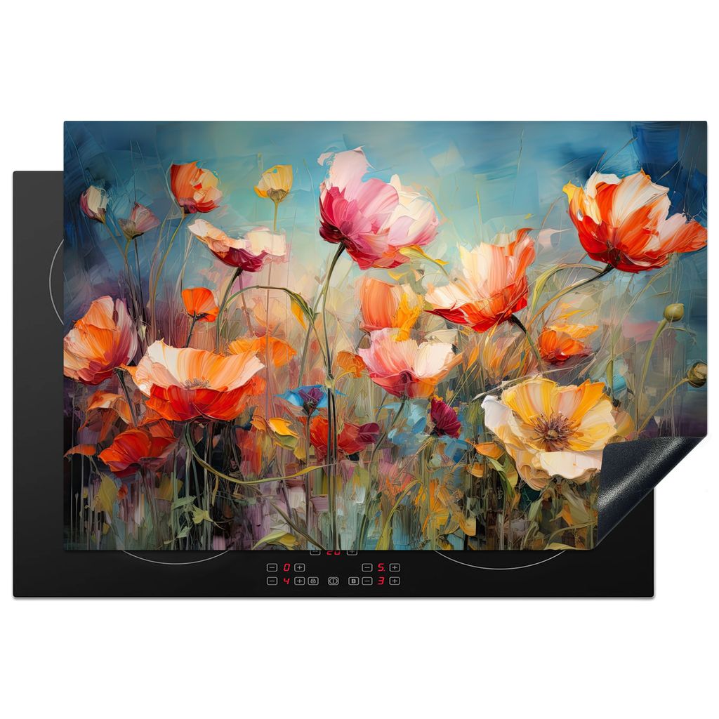 KitchenYeah Herdabdeckplatte Mohnblumen - Bunt - Blumen , 78x52cm, Küche Deko, Glaskeramikkochfeld Herdabdeckung, Abdeckplatte fùr Kochfeld