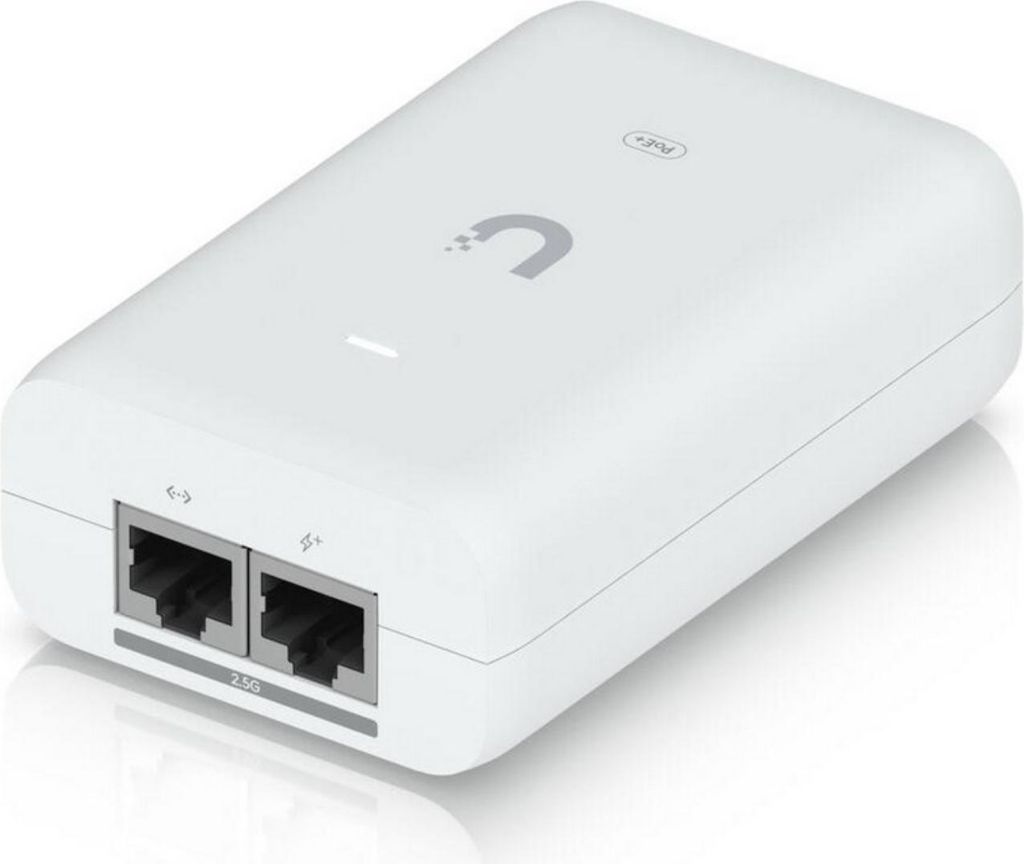 A white Ubiquiti PoE+ adapter is shown against a white background.