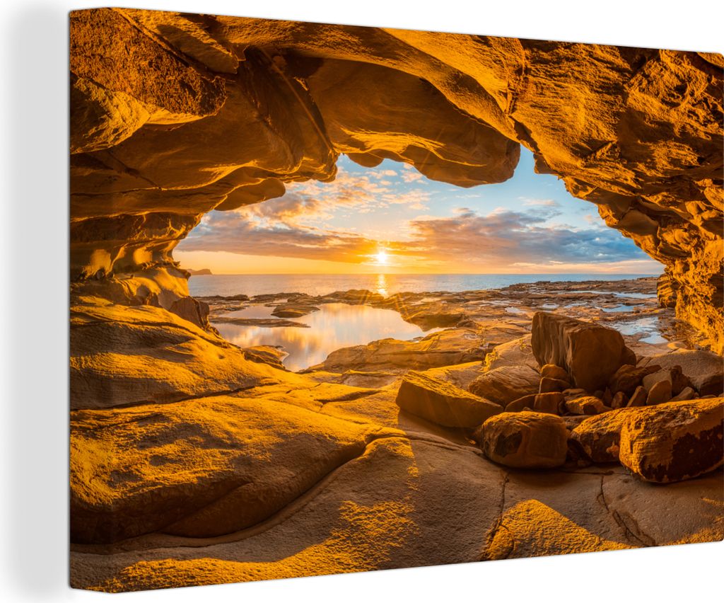 OneMillionCanvasses - Leinwandbilder - 150x100 cm, Höhle - Meer - Horizont - Sonnenuntergang, Wandbilder Kunstdruck Wanddekoration - Foto auf Le...