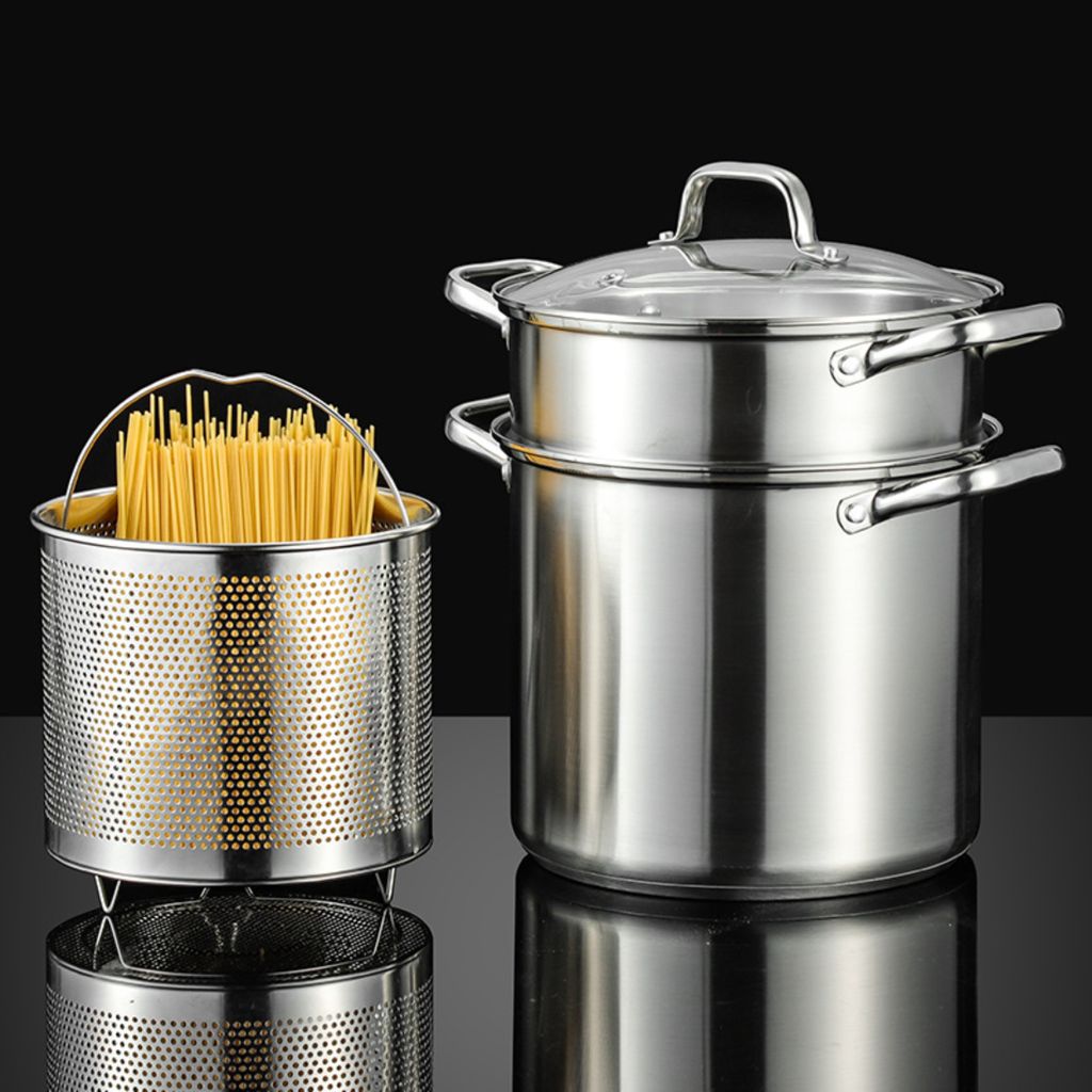 Gemüsetöpfe, Spaghettitopf, Kochtopf, Doppelschicht Suppentopf, Jumbotopf, Edelstahl, Frittierkorb und Dampfgarer, 5.5Liter, Einer für alles, Ø...