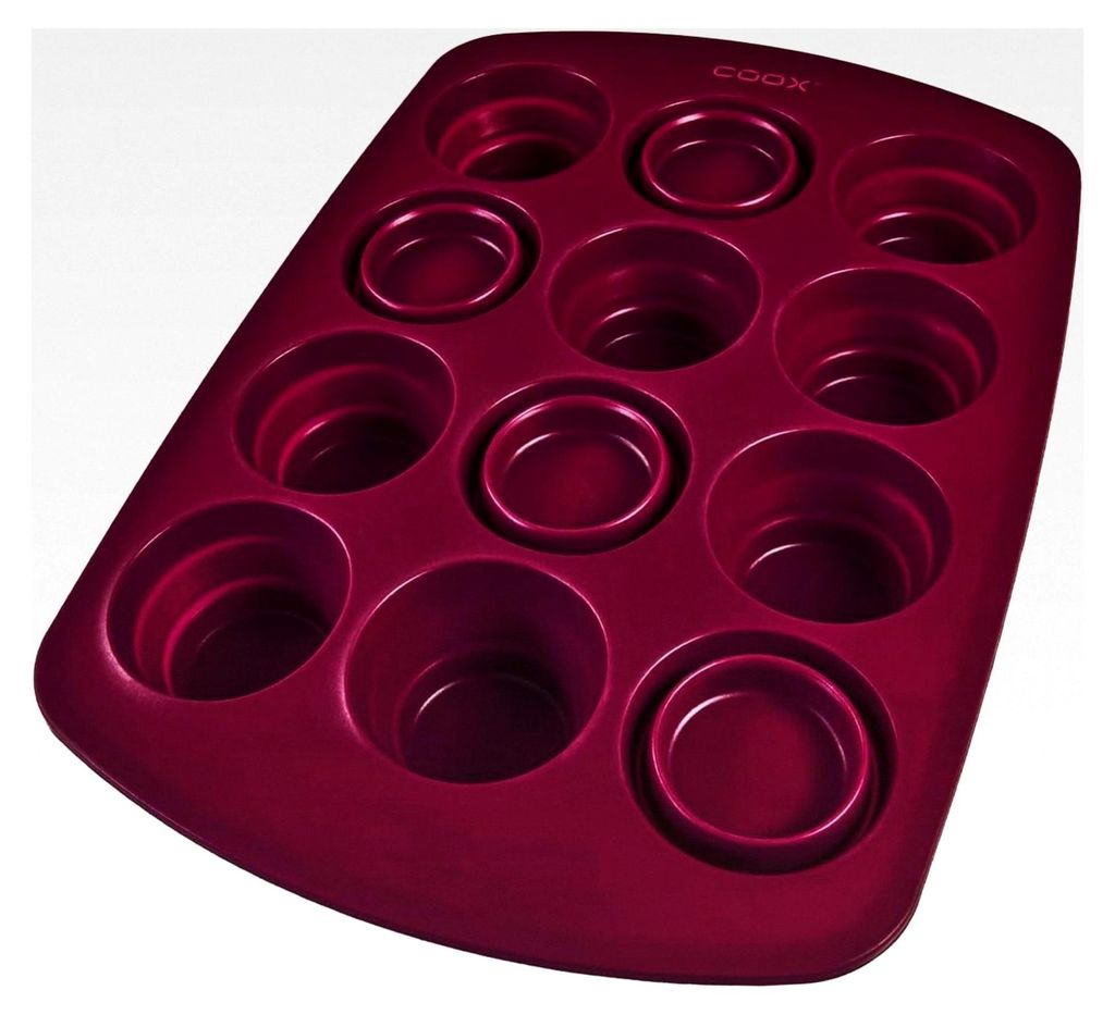 Dunkelrotes, platzsparendes Muffinblech mit faltbaren Förmchen, Silikon BPA-frei, für 12 Muffins
