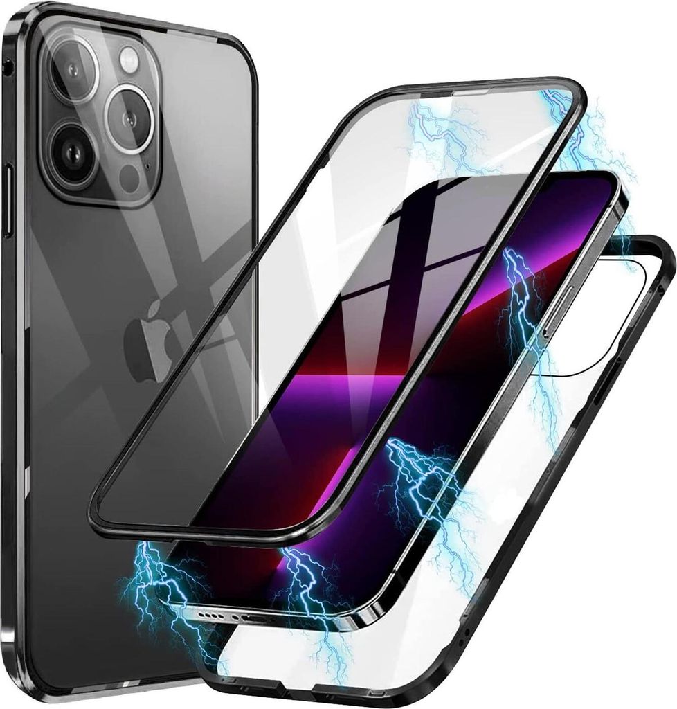 Conie Rundum Schutzhülle für iPhone 13 Pro Max Aluminium Case Glas Front- und Rück- Seite Schutz Cover Hülle in Schwarz / Transparent