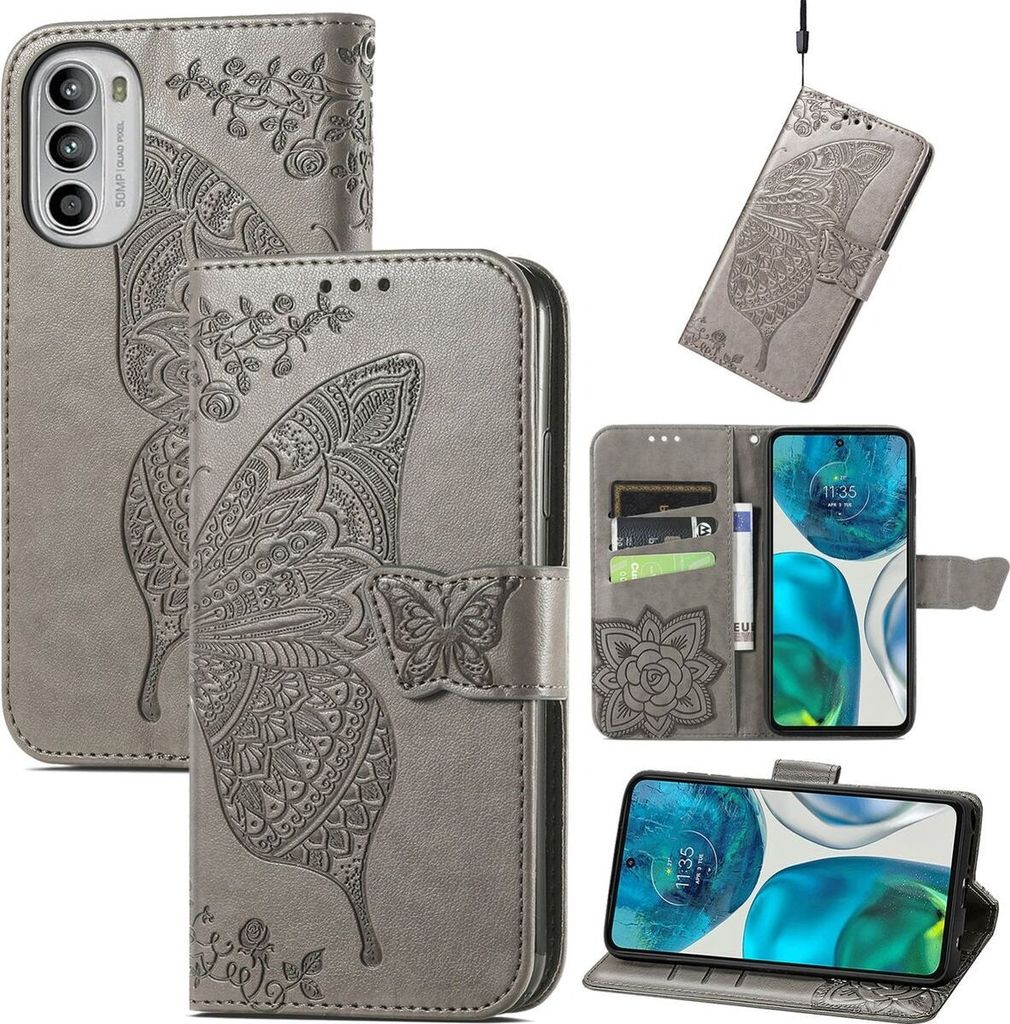 Mobigear Butterfly Motorola Moto G52 Hülle Klapphülle Geldbörse - Grau