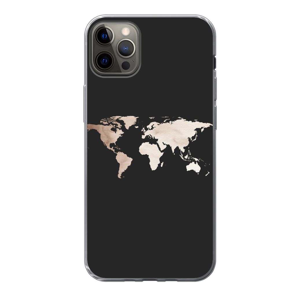 MuchoWow Handyhülle Schutzhülle Hülle für iPhone 12 Pro Max Weltkarte - Leder - Schwarz Silikon Softcase Handy Hülle - Hartschale