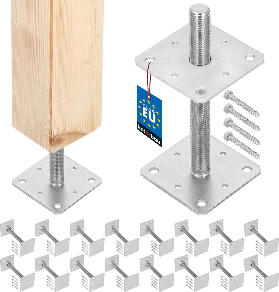 KOTARBAU 16er Set Pfostenträger Höhenverstellbar Montagestütze 110x110x250mm M24 Verstellbarer Pfostenfuß Halterung mit Stange für Beton Sta...