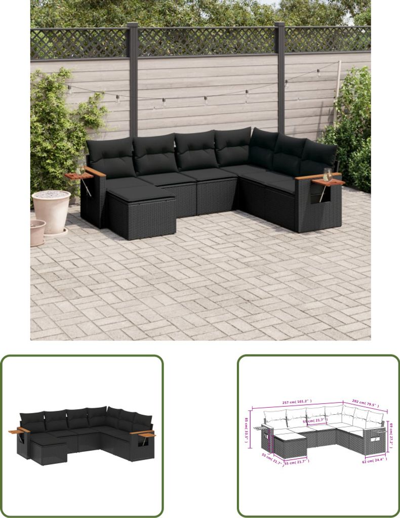 The Living Store 7-tlg. Garten-Sofagarnitur mit Kissen Schwarz Poly Rattan