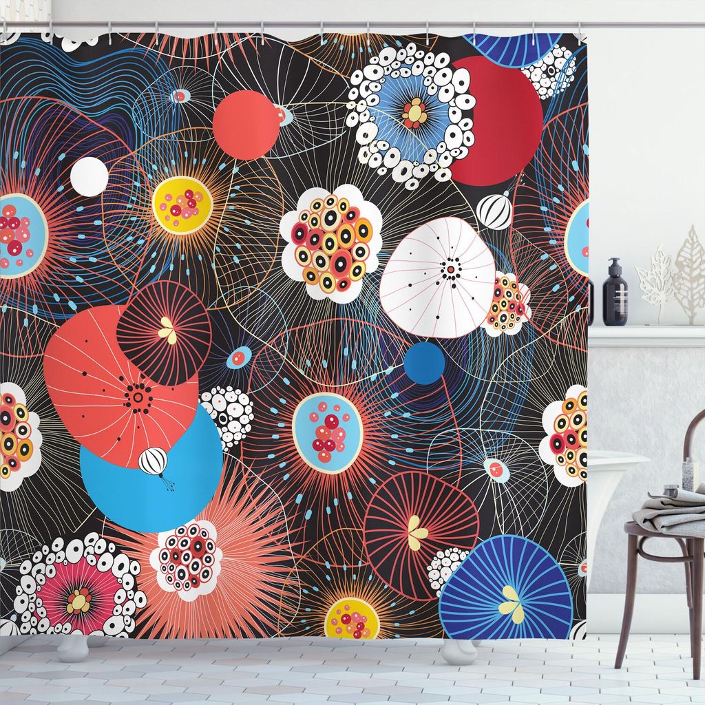 ABAKUHAUS Kunst Duschvorhang, Psychedelisches Blumenmuster mit fantastischen Formen Trippy geometrischer Form-Kitsch, 175 x 240 cm, Mehrfarbig
