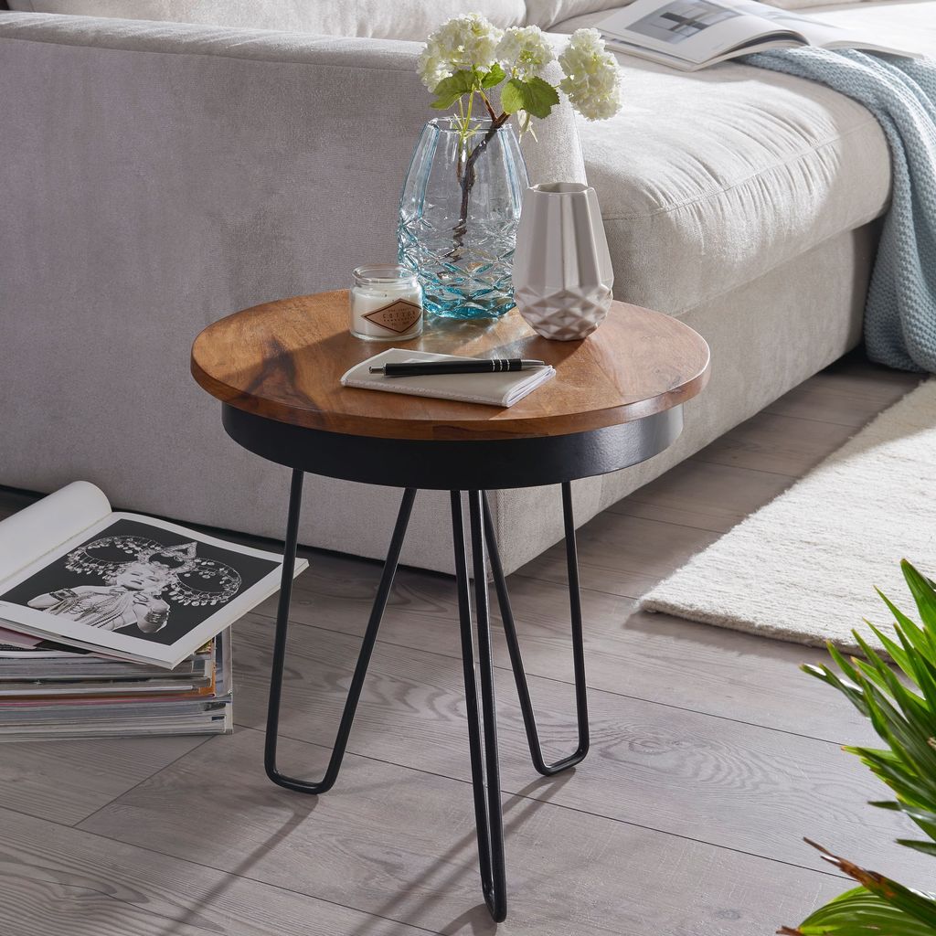 FineBuy Industrial Beistelltisch Ø43 x 45 cm Rund Sheesham Massivholz mit Metall Gestell Kleiner Wohnzimmertisch Echtholz Couchtisch Sofatisch