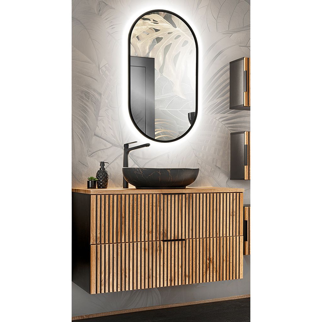 Waschplatz Set schwarz gerillt mit Waschtisch Unterschrank 100 cm, Aufsatzwaschbecken, LED Spiegel XANTEN-56 in anthrazit mit Eiche Nb., B/H/T: ca....