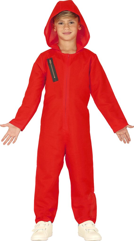 A young boy wearing a red hooded jumpsuit.
