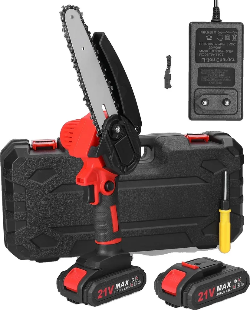 Mini tronçonneuse rouge ergonomique sans fil avec mallette de transport