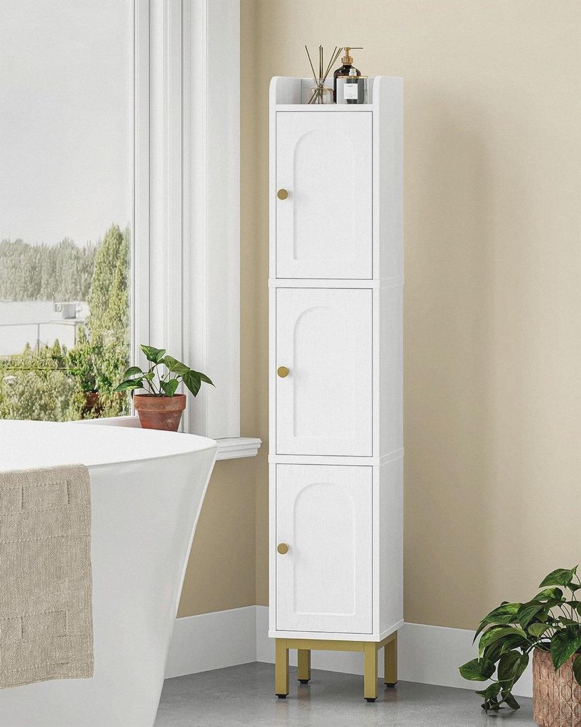 Badezimmerschrank, Badschrank mit 3 Türen, 20 x 20 x 108,5cm, Eckschrank, Toilettenschrank, Verstellbaren Füßen, für Badezimmer Waschküche, K...