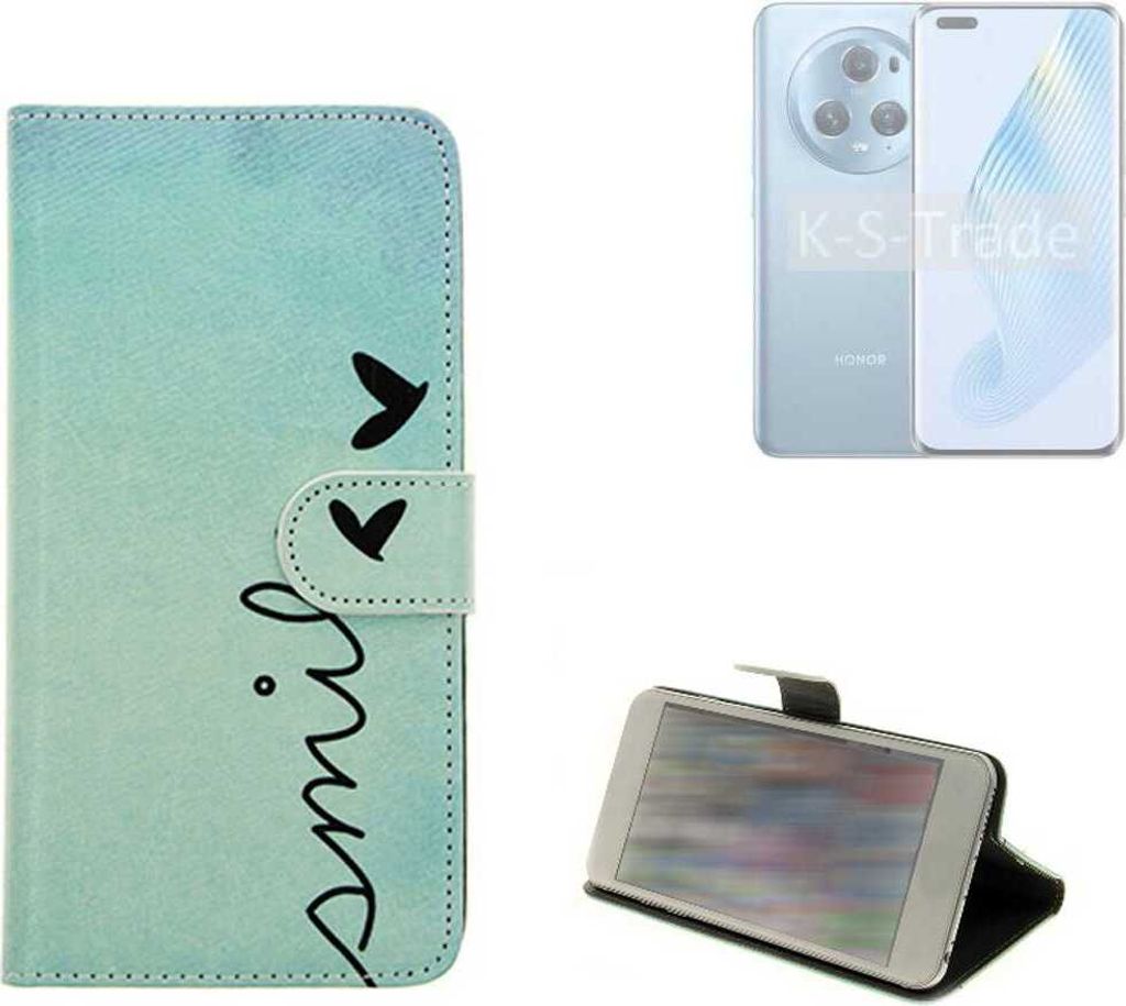 K-S-Trade Schutz Hülle Handy Hülle kompatibel mit Honor Magic5 Hülle Handyhülle cover bookstyle Etui Handyhülle “smile“ türkis Standfunktion
