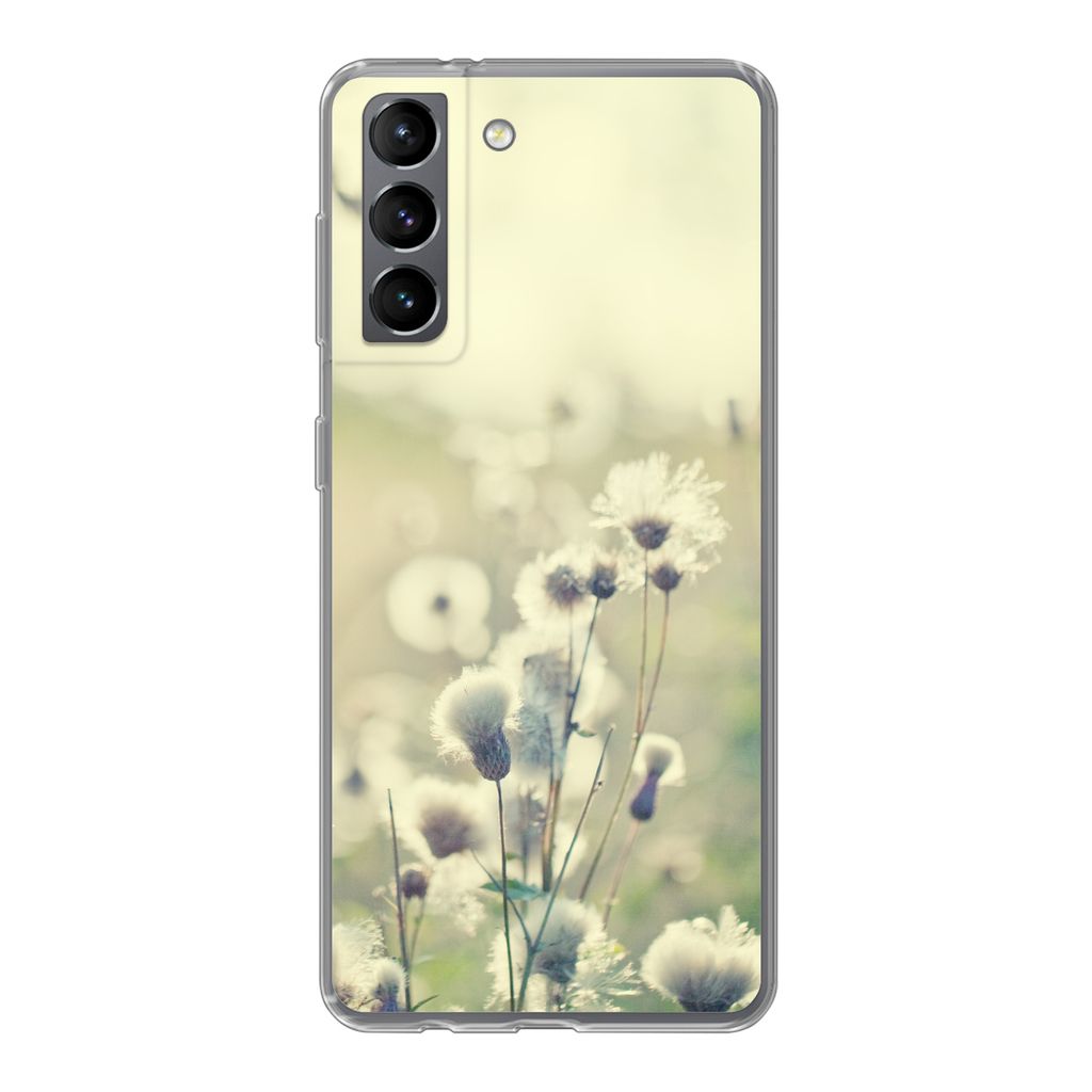 MuchoWow Handyhülle Schutzhülle Hülle für Samsung Galaxy S21 Blumen - Feld - Weiß Silikon Softcase Handy Hülle - Softcase