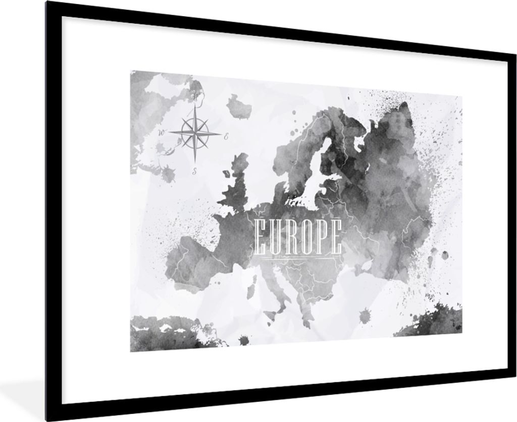 MuchoWow MuchoWow Gerahmtes Poster Aquarell - Weltkarte - Schwarz 90x60 cm - Poster mit zchwarzem Bilderrahmen - Wanddekoration - Fotos