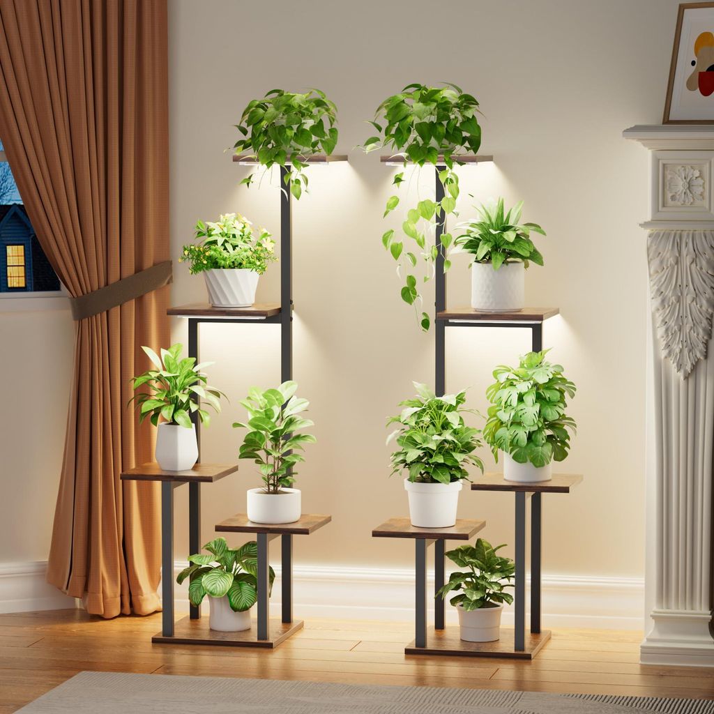 Pflanzenständer mit Pflanzenlampe – 5 Ebenen, Blumenständer aus Metall und Holz – für drinnen und draußen – dekorativer schwarzer Blumens...