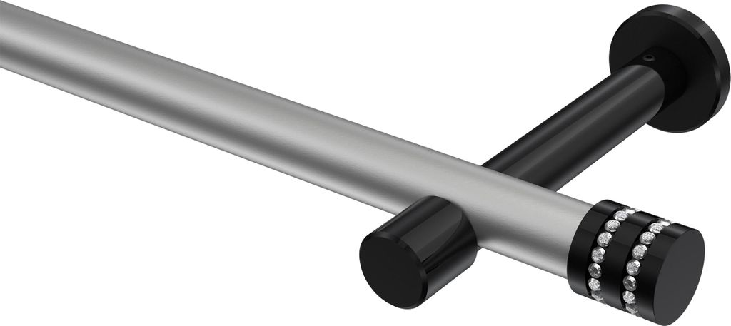 Interdeco Gardinenstange / Vorhangstange Silbergrau / Schwarz, Typ Prestige Estana (Glitzerkappe) ohne Ringe, 20 mm Ø 1-läufig, 520 cm