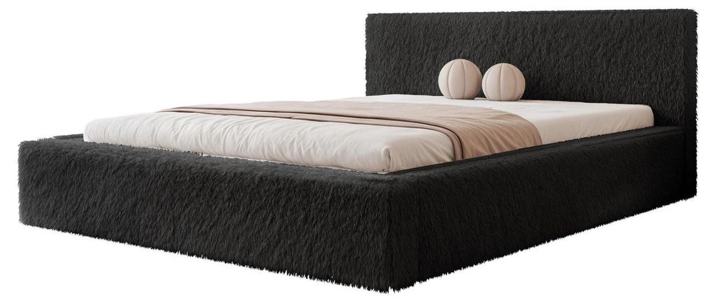 Polsterbett SIERO 180x200 Schwarz Kunstfell Teddy-Optik mit Bettkasten & Lattenrost