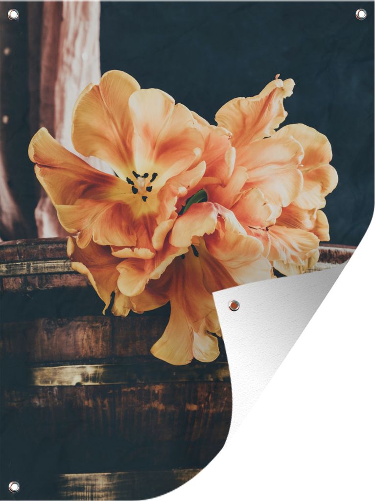 MuchoWow 30x40 cm Outdoor-Poster Gartendeko Sichtschutz Garten Poster für den Garten Orangefarbene Tulpen in einer Weinkiste