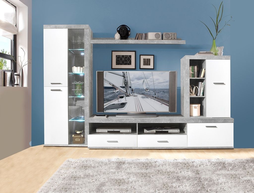 Wohnwand - Weiß glänzend - Beton Nachbildung - 4-teilig Produktbild 3
