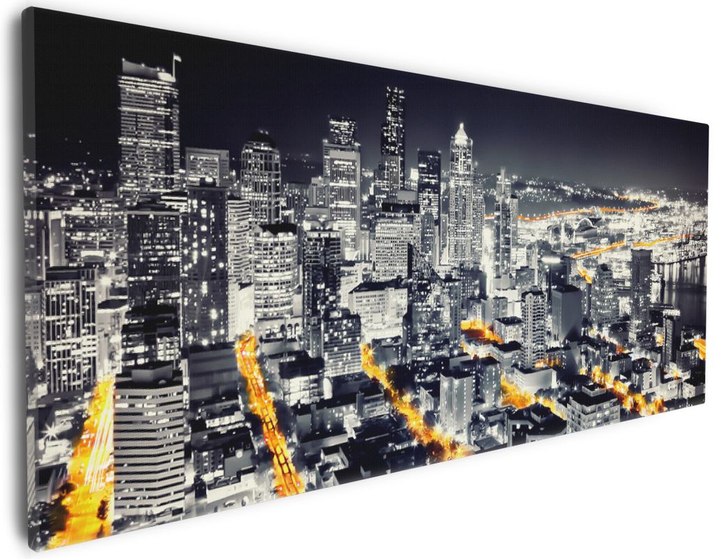 Wallario Premium Leinwandbild Großstadt bei Nacht - Seattle in schwarz weiß gelb in Größe 30 x 75 cm
