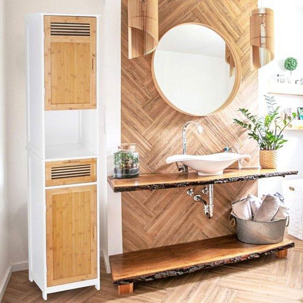 Badezimmer-Schrank mit 2 Türen und 1 Ladestation - Holz und Bambus - 180 x 39 x 30 cm - Badzimmer-Schrank für Opbergen - Weiß und Braun