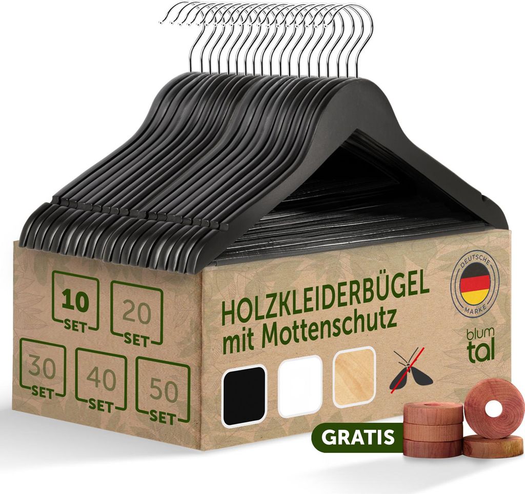 Blumtal Kleiderbügel Holz 10er Set - Holzbügel mit 360° drehbarem Metallhaken - Kleiderbügel Schwarz mit Zedernholz Mottenschutz - Schwarz