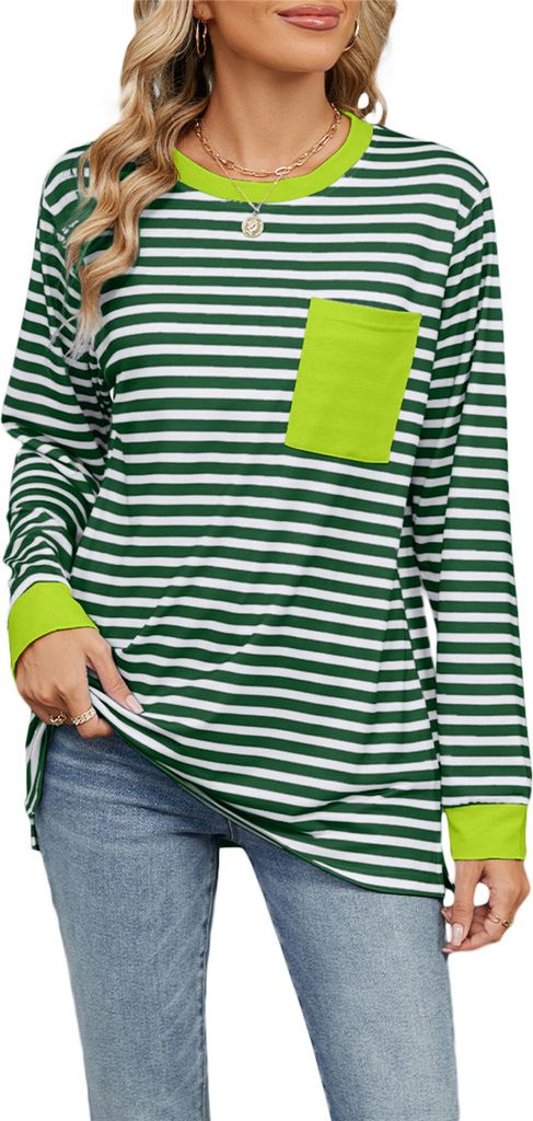 ASKSA Damen Langarm T-Shirt Gestreifte Farbblock Rundhals Bluse Elegant Herbst Y2K Oberteile mit Taschen (Grš¹n,L)