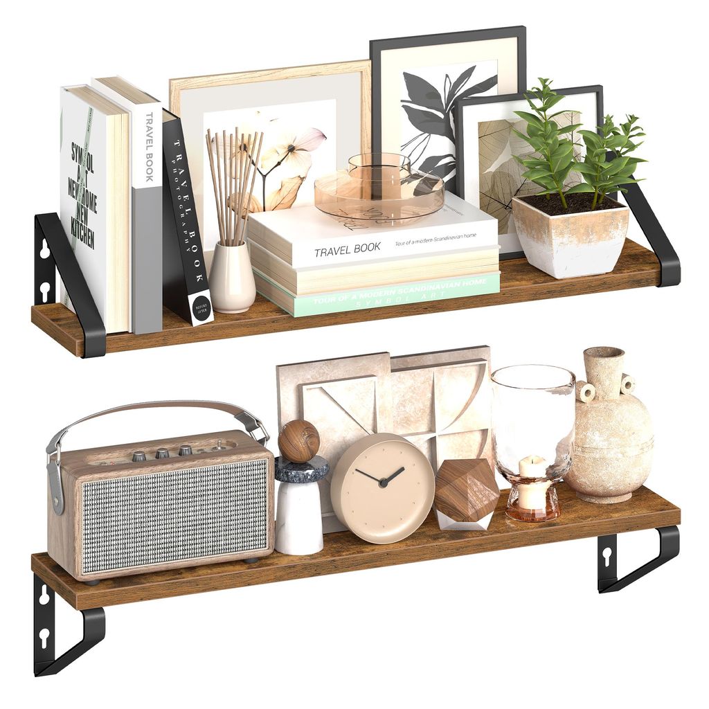 Two shelves are shown, each displaying various decorative items and books.