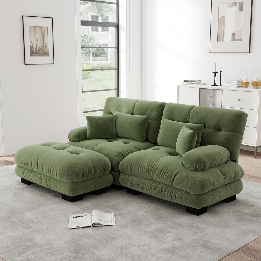 Cloud Ecksofa aus Chenille mit breiten Armlehnen & Ottoman, Doppelsofa inkl. 2 Lenden- & 2 Dekokissen für Wohnzimmer, Grün