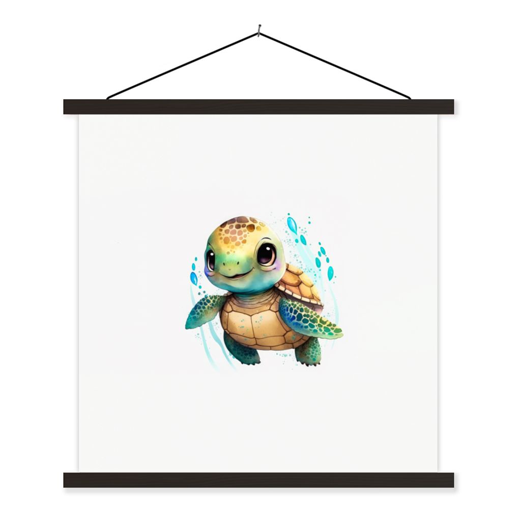 MuchoWow Textilposter Schildkröte - Wasserfarben - Tiere - Mädchen - Jungen 120x120 cm mit schwarzem Rahmen - Aufhängungsset