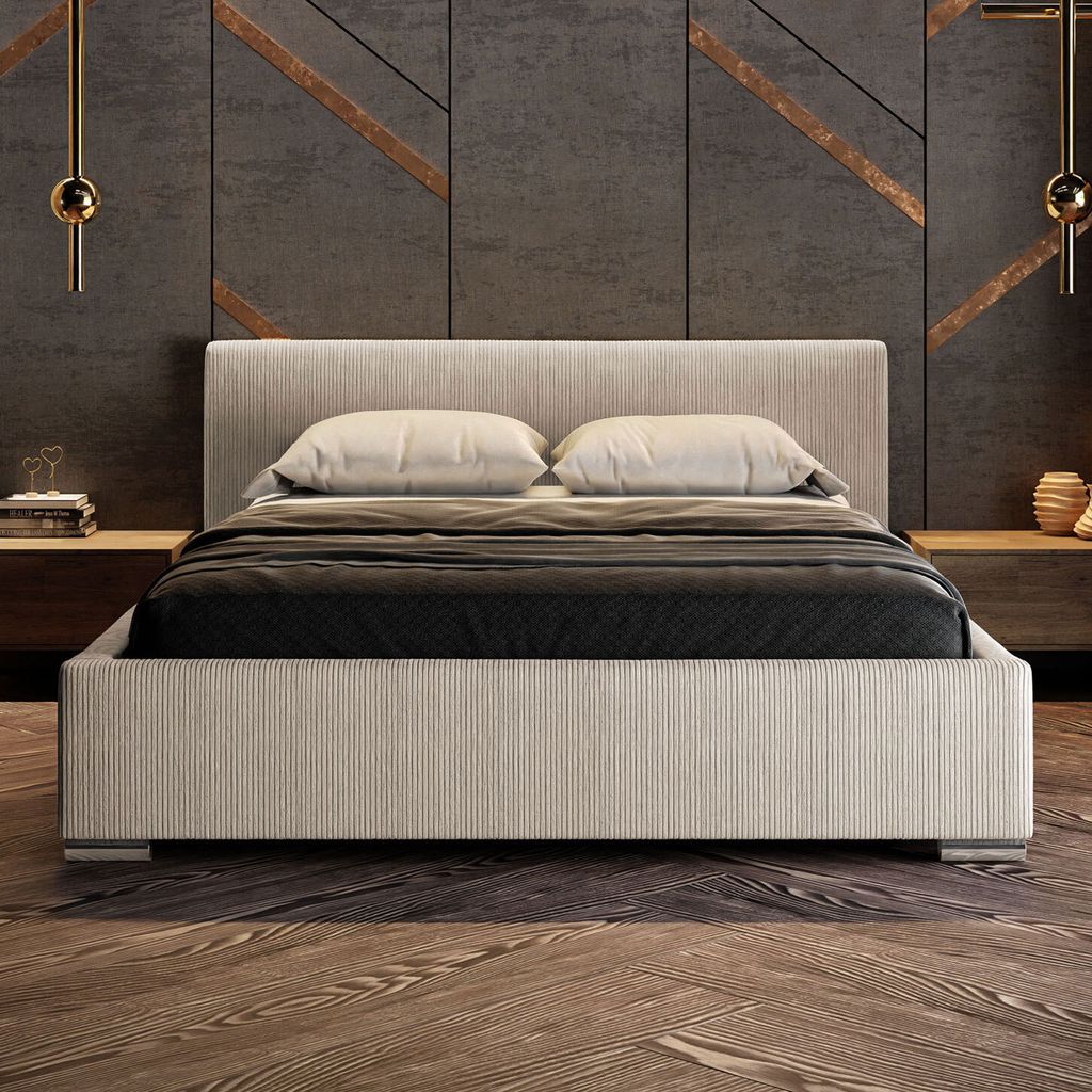 A modern bedroom with a bed, nightstands, and decorative wall panels.