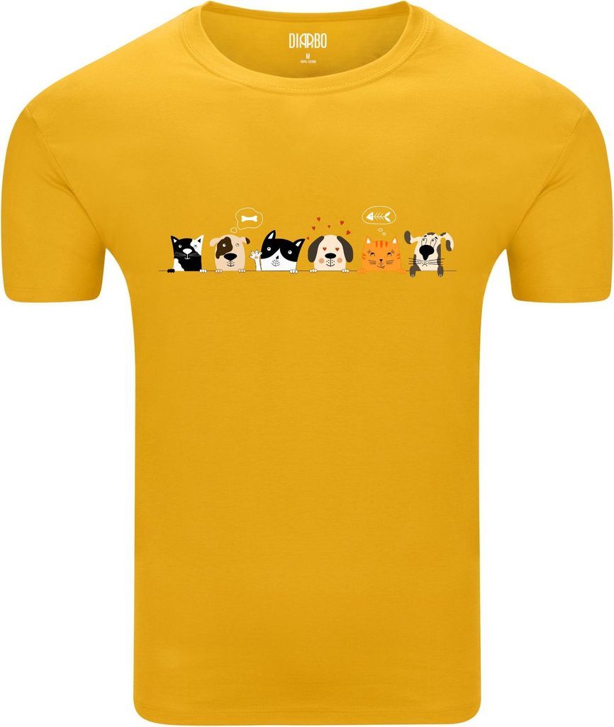 Diarbo Herren T-Shirt mit Lustigem Tierliebhaber Druck Lustige Katzen und Hunde Gelb Gr.S