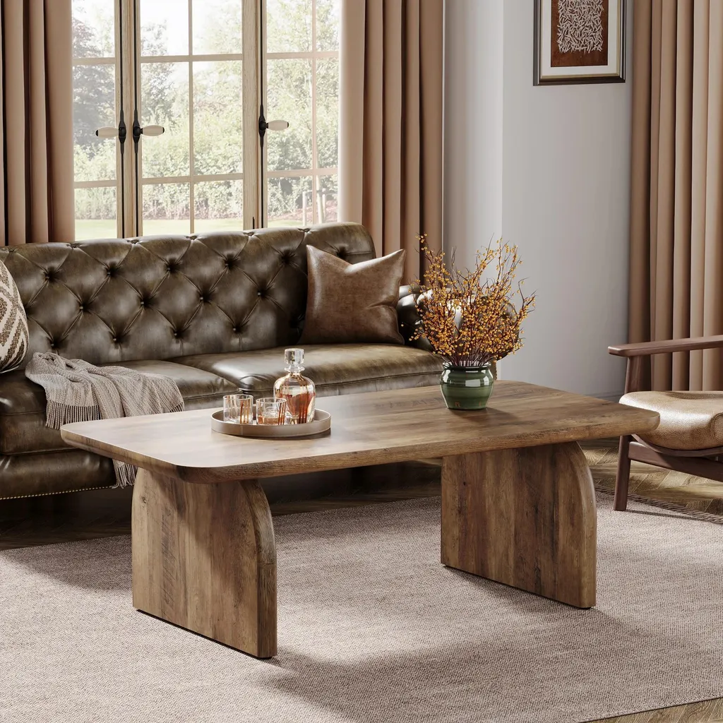 Table basse robuste en bois brun rustique 120 cm - Style campagne