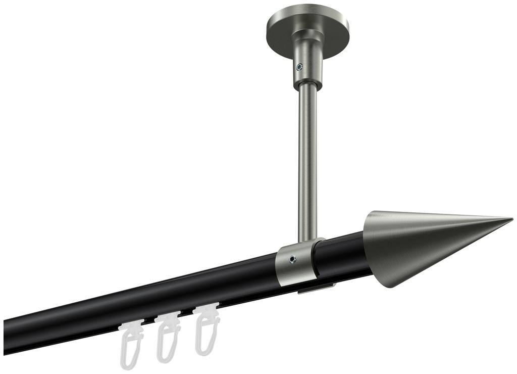 Interdeco Innenlaufstange / Gardinenstange mit Innenlauf Schwarz / Edelstahl-Optik, Typ Sonette Savio (Kegel) Deckenmontage, 20 mm Ø 1-läufig, 20...