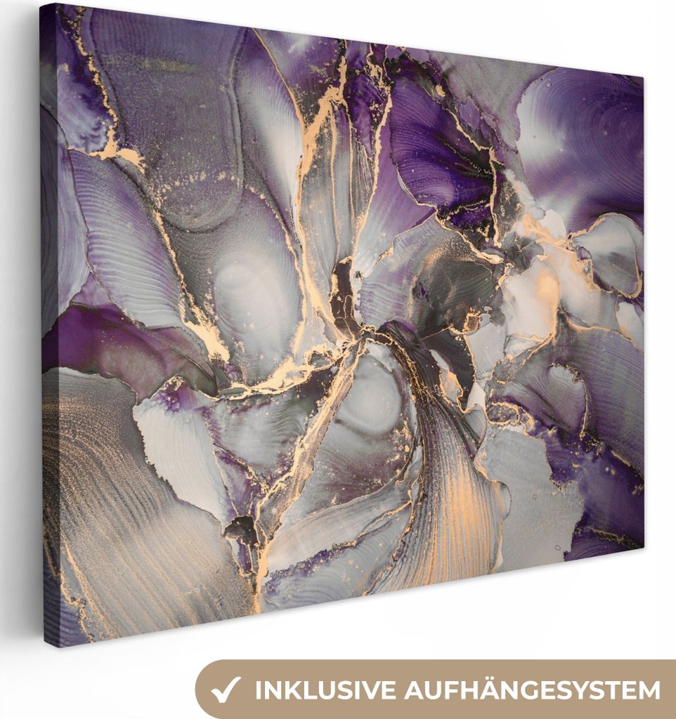 MuchoWow - Leinwandbilder - Gold - Lila - Marmor, Wandbild, Wanddeko Bilder Wohnzimmer, 40x30 cm