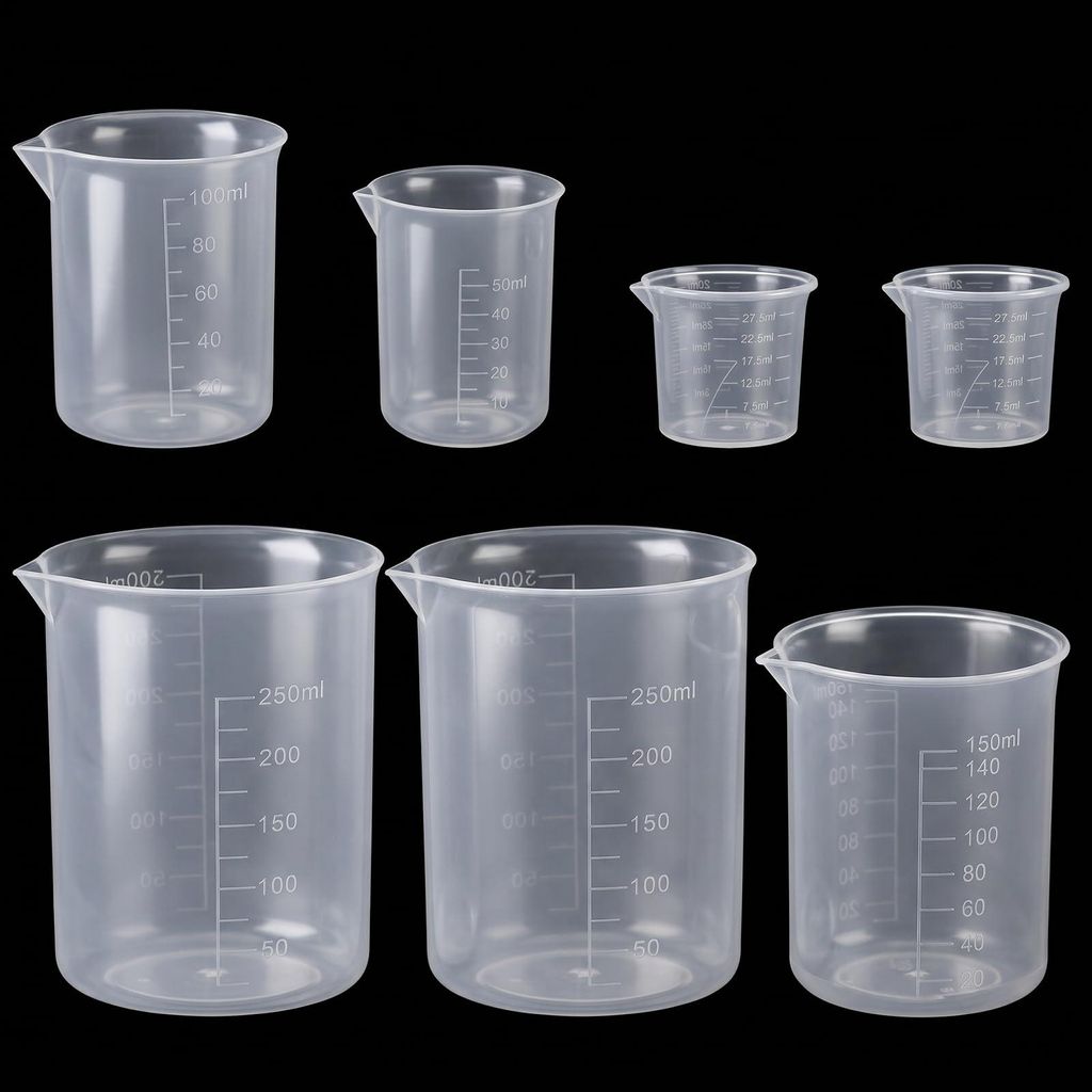 7-teiliges Kunststoff-Messbecher-Set, 30–250 ml, transparent