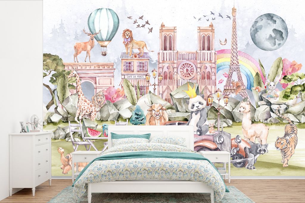 MuchoWow Fototapete für Wohnzimmer oder Schlafzimmer Wandtapete Vinyl Motivtapete Paris - Regenbogen - Kinder - Rosa - Mädchen - Tiere - 525x35...