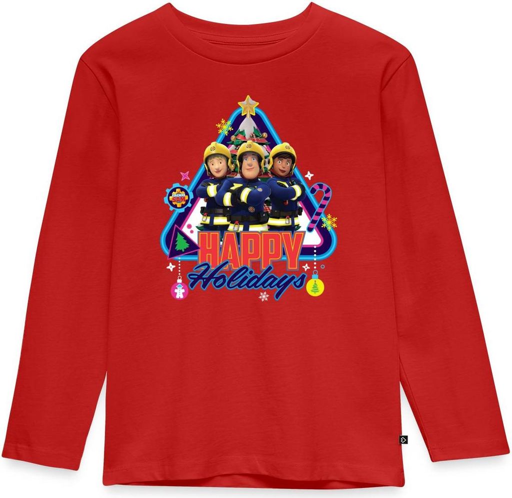 Spreadshirt Feuerwehrmann Sam Happy Holidays From The Team Kinder Premium Langarmshirt, 134/140 (8 Jahre), Rot