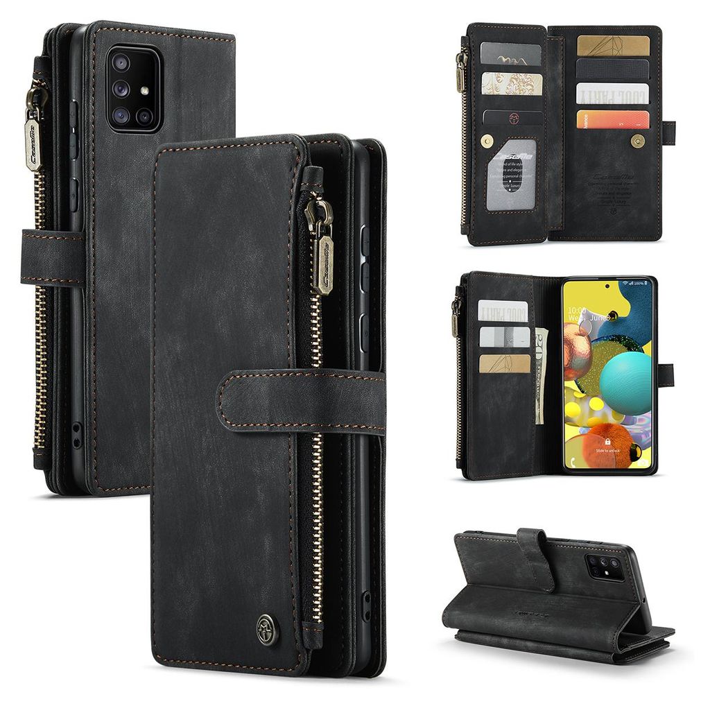 Collage of images showing a black leather wallet-style phone case for a Samsung Galaxy A51 4G.