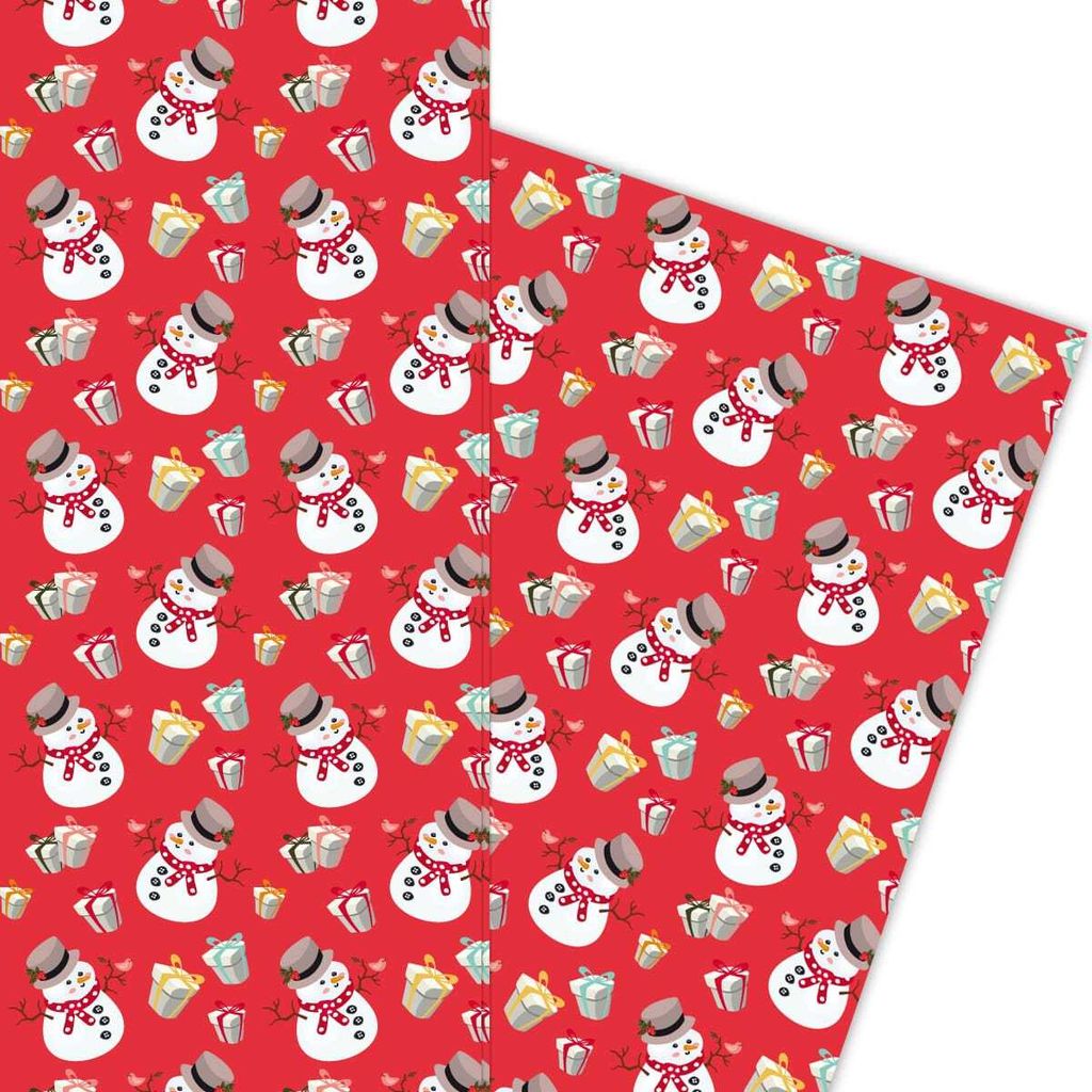 Lustiges Weihnachts Geschenkpapier mit Schneemännern und Geschenken auf rot - G5977, 32 x 48cm