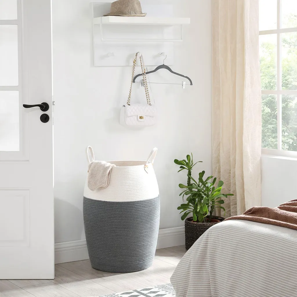 Panier en corde de coton gris-beige avec poignées - Texture Douce - 2
