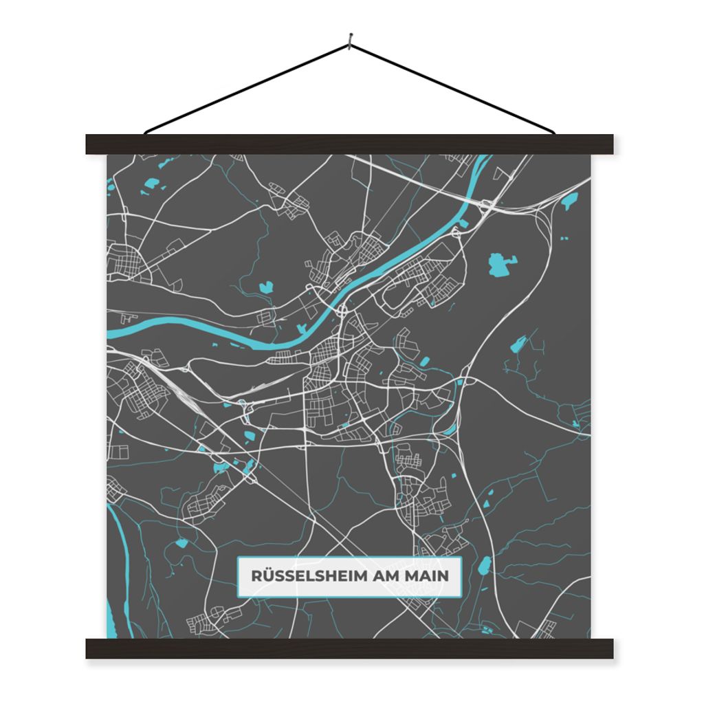 MuchoWow Textilposter Stadtplan - Karte - Rüsselsheim am Main - Blau - Deutschland - Karte 90x90 cm mit schwarzem Rahmen - Magnetisches
