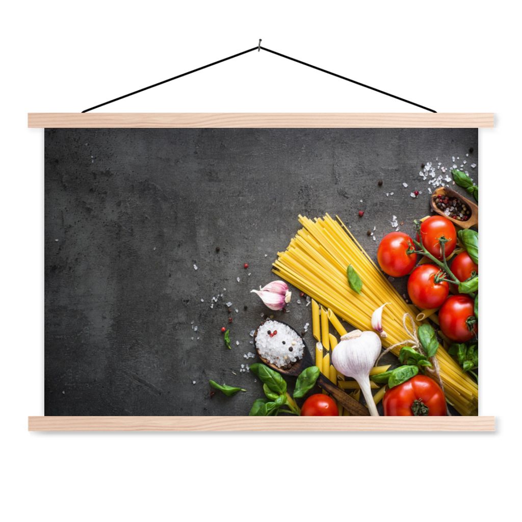 MuchoWow Textilposter Nudeln - Kräuter - Tomate - Gewürze - Rustikal 60x40 cm mit holzfarbenen Rahmen - Bilder