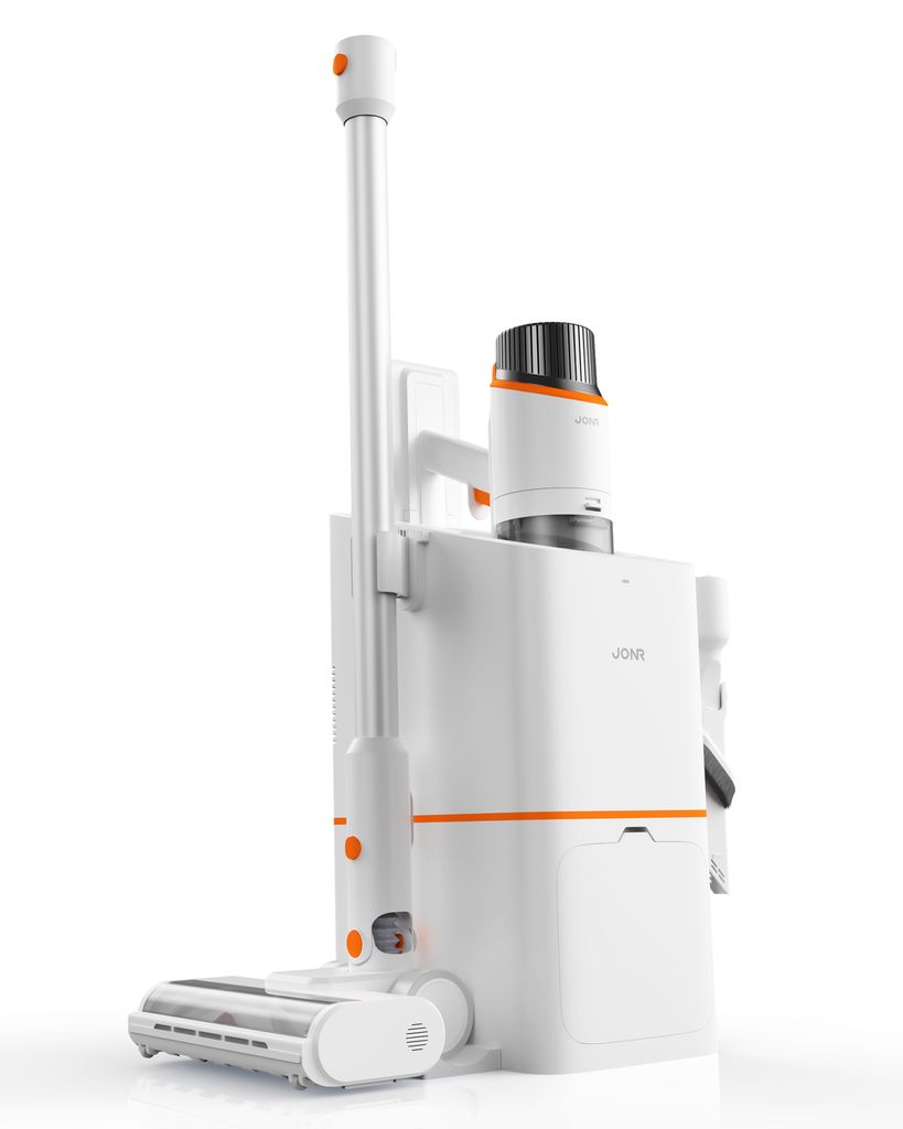 A white cordless vacuum cleaner with orange accents is shown against a white background.