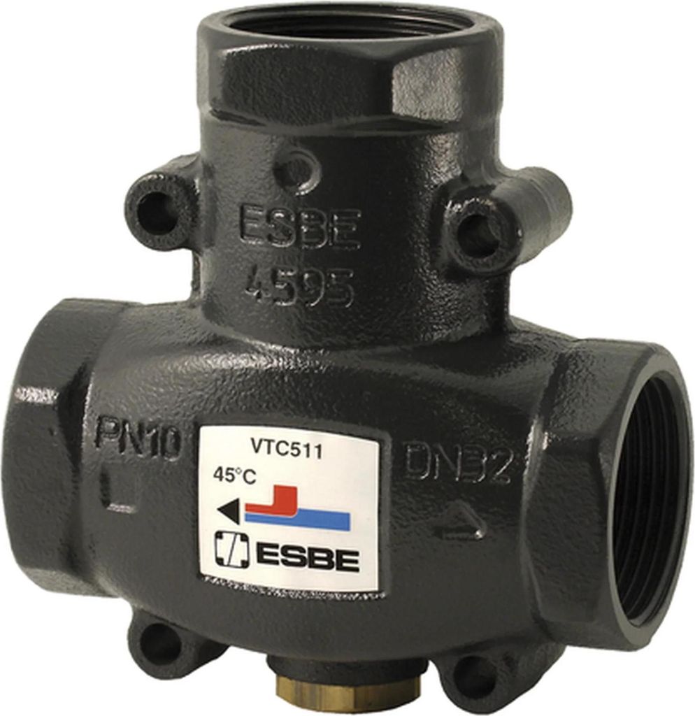A black thermostatic mixing valve with a label showing brand and model information.