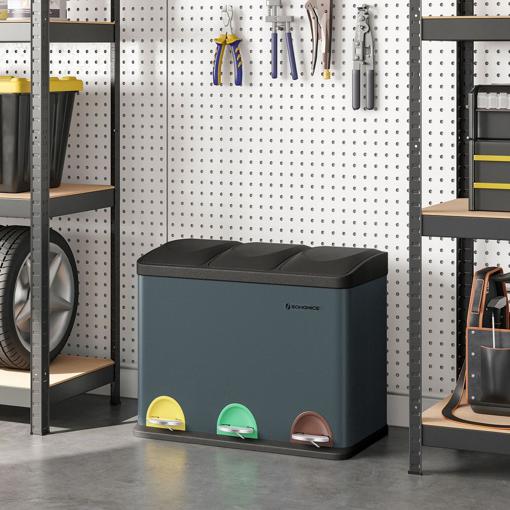 SONGMICS Mülleimer für die Küche, Abfalleimer mit Inneneimer, Abfallbehälter, 45 Liter, Mülltrennsystem, Treteimer aus Edelstahl, 3 x 15 Liter...