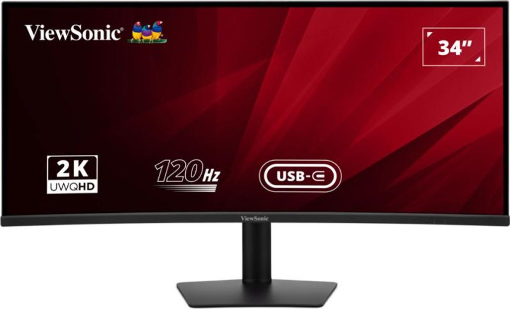 A marketing image of a ViewSonic curved monitor with feature callouts.