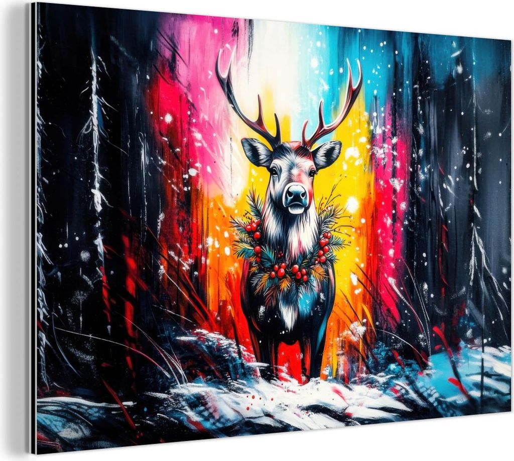 MuchoWow Wanddekoration Metall Metallbild Wandkunst 60x40 cm Rentier - Geweih - Kranz - Farbenfroh MuchoWow Aluminium Gemälde - Gemälder
