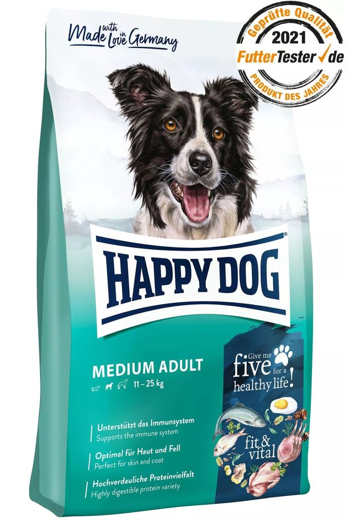 A bag of Happy Dog Medium Adult dog food.